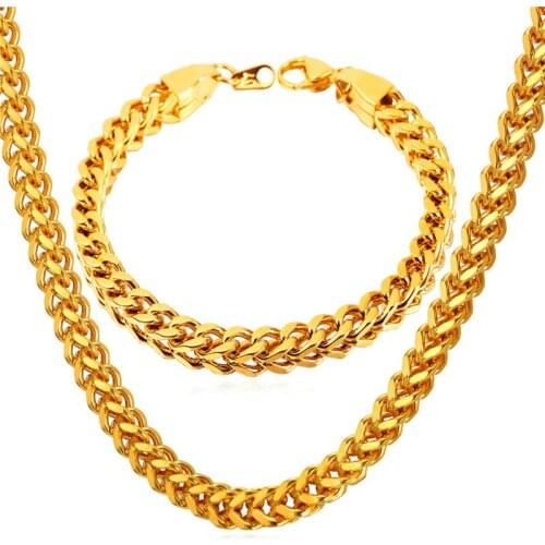 Kpop Chain Set Thick Cuban Stainless Steel Bracelets Gift Necklaces Gold/Black Color For Mens Punk Jewelry Set NH213