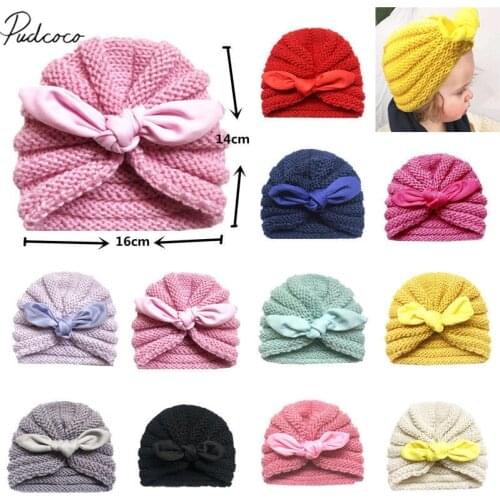 2019 Brand New Baby Girl Boy Knitted Turban Bunny Ears Bow Hat Toddler Kids Head Wrap Headband Solid Candy Color Wool Cap 6M-4T