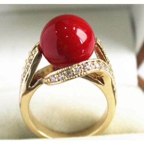 Ladys new jewelry 18KGP with crystal decorated &12mm vermilion red shell pearl ring(#7.8.9)