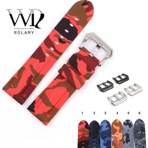 Rolamy 22 24mm Camo Red Black Grey Waterproof Silicone Rubber Replacement Watch Band Loops Strap For Panerai Luminor