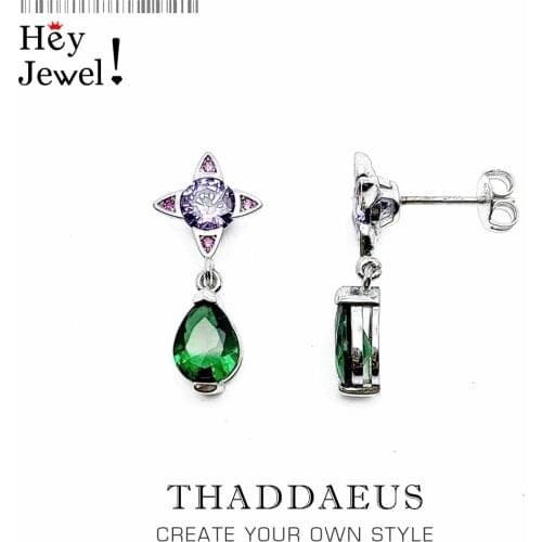 Ear Studs Green Drop with Purple Star,Geometrical Jewerly For Women,2020 Summer New Bohemia Positive Gift In 925 Sterling Silver