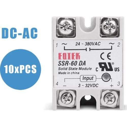 10PCS SSR 60DA Solid State Module Relay 60A Single Phase 3-32V 12V DC To 24-380V 220V AC For Temperature Controller