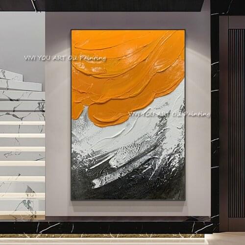 High Quality Yellow Orange Grey Abstract Knife Thick Oil Painting Canvas 100% Handmade Painted Home Decoration Gift Artwork