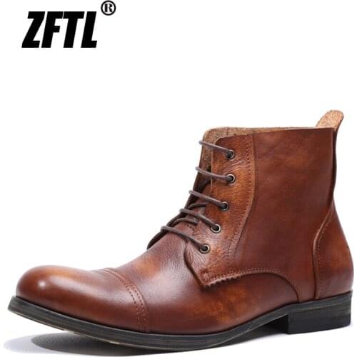 ZFTL Mens Martins Boots Vintage Genuine Leather Casual Lace up Ankle Boots Man Motorcycle boots Tooling shoes Male Chelsea Bots