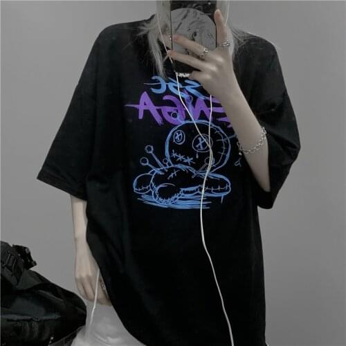 Summer Gothic Punk Black Dark Cartoon Print Loose Women T-Shirt Grunge Streetwear Top Vintage Cotton Oversize Y2K korean Clothes