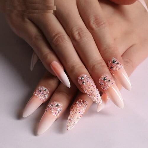 24pcs/Set Extra Long Stiletto False Nails Nude Gradient Full Rhinestone Decal Nail Art Tips with Glue Beauty Manicure Nail Tools