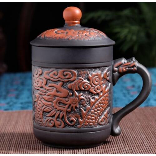 Purple clay Tea Mug 420ml Antique dragon and phoenix mugs,Coffee Puerh Tea Mugs office Cup Drinkware