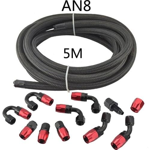 5M AN8 Black Stainless Steel Braided Nylon Hose Fuel Pipe Oil Cooler System Adapter Kit 6AN 0/45/90/180Degree Hose End Fitting