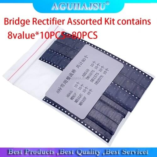 8value*10PCS=80PCS Bridge Rectifier Assorted Kit contains MB6S MB6F MB10S MB10F ABS10 DB107S DB157S DB207S