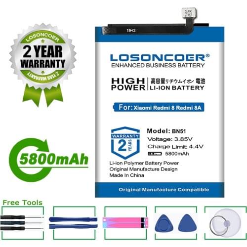 LOSONCOER Battery BN51 5800mAh Phone Battery For Xiaomi Redmi 8 8A Redmi8 Redmi8A Mobile Phone Battery Free Tools