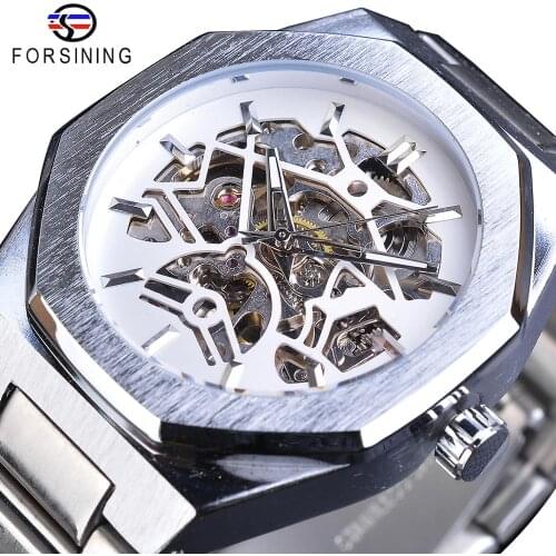 Forsining Skeleton Mechanical Automatic Mens Watches Waterproof Luminous Hands Business Wristwatch Silver Stainless Steel Clock