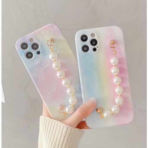 Rainbow Marble Wrist Chian Strap Phone Case For iPhone 12 Mini 11 Pro Max 7 8 Plus X XR XS Max SE 2020 Pearl bracelet Soft Cover