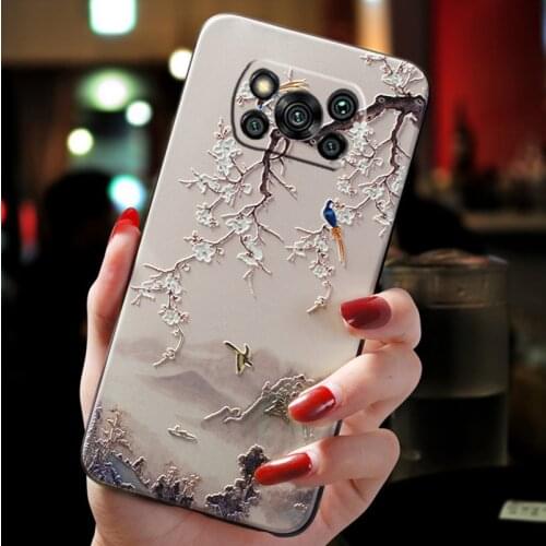 For Xiaomi POCO F3 M3 X3 nfc Pro Case X3Pro X3nfc Smartphone Bag 3D Relief Magpie Protective Matte Back Cases Cover Flower Coque