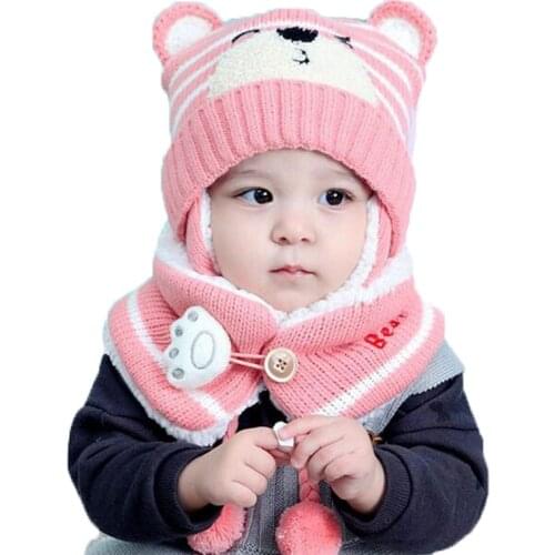 Unisex Child Beanies Cap Set Baby Kids Cartoon Design Stripe Knit Add Velvet Hat and Scarf Winter Warm Suit Set MZ5187