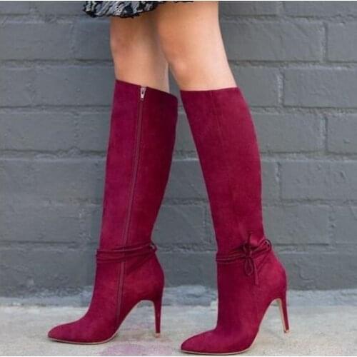 Hot Selling Red Suede Women Knee High Boots Pointed Toe Side Zipper Thin Heels Tight High Boots High Quality Runway Boots