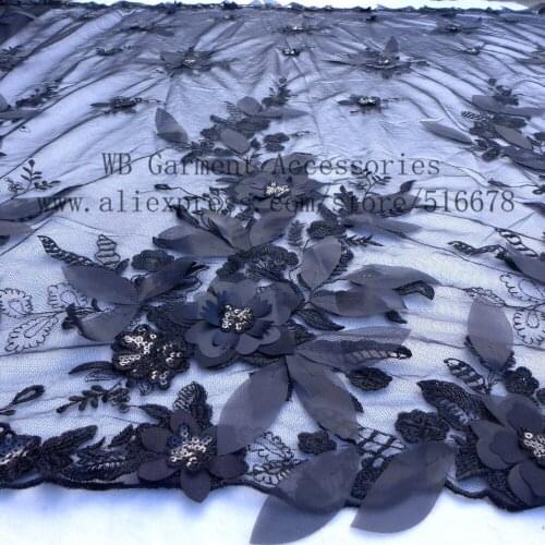 Hot popular black/off whit chiffon 3d flower with sequins on tulle lace fabric stage performance/evening dress lace fabric 1yard