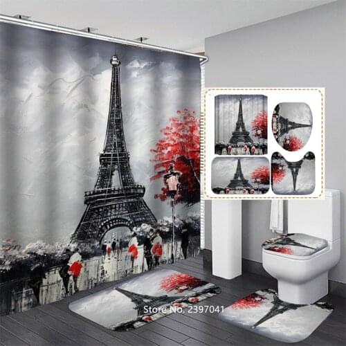 Oil Painting Eiffel Tower Bathroom Set Sports Basketball Waterproof Shower Curtain Non-slip Carpet Toilet Cover Mat Set 4 Pieces