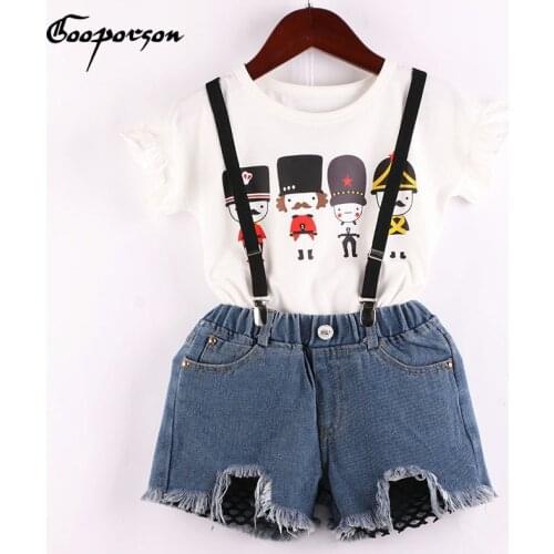 Girls Clothes Set Soldier Printed White Shirt And Jeans Shorts Overall Clothing Suit Summer Fashion Outfits Baby Kids Clothes