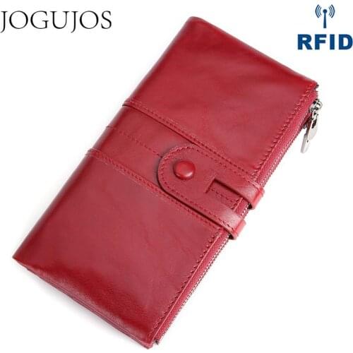 JOGUJOS Cowhide RFID Wallet Ladies Clutch Women Hasp Zipper Wallet Genuine Leather Female Purse Long Women Wallets Purse Coin