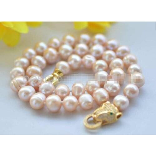 Beautiful 18" 9-10mm Round pink Freshwater Pearl Necklace leopard CZ clasp 36"
