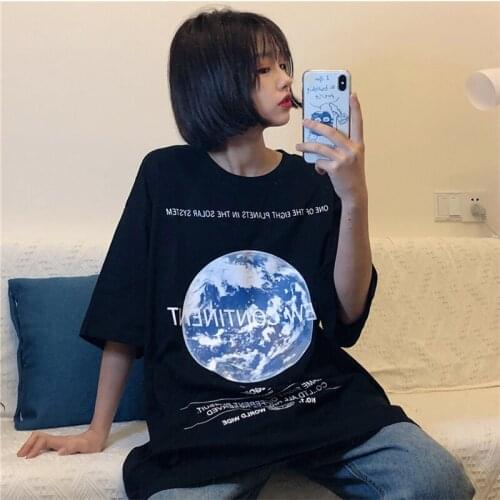 Summer Vintage Moon Print T-shirt Womens T-shirts Tops Japanese Kawaii Ladies Ulzzang Female Korean Harajuku Clothes For Women