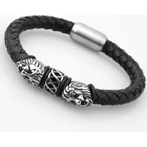 Fashion Stainless Steel Lion Head Bracelet Black Genuine Leather Bracelets For Men Magnetic Bangles Drop Shipping