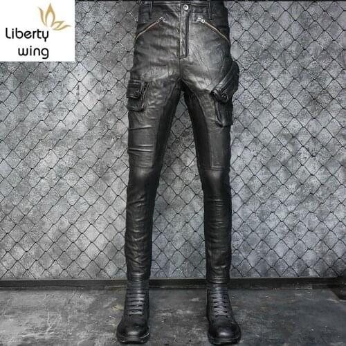 Men Genuine Leather Motorcycle Slim Sheepskin Pleated Pencil Pants Luxury Multi-Pocket Vintage Punk Biker Trousers Black