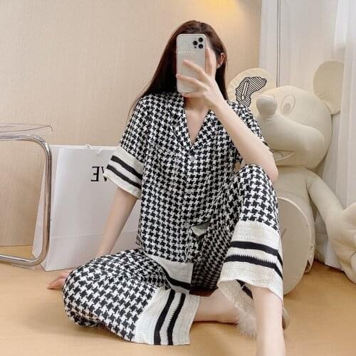 2021 New Houndstooth Sleepwear Women Satin Two Piece Pajamas Set Shirt&Pants Casual Lounge Wear Lingerie Loose Homewear