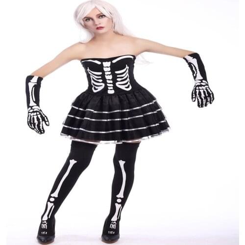 New 5 piece set Black adult skull printed ruffled dress with glooves and stockings sexy halloween costume for ladies