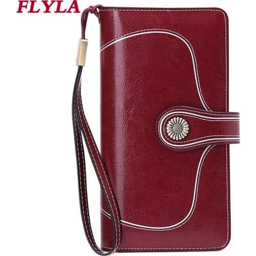 New Retro Oil Wax Leather Womens Wallet Long Wallet RFID Clutch Wallets for Women Luxury