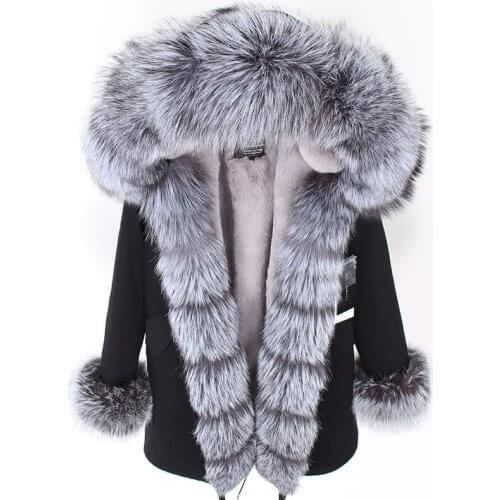 Winter womens real fur black waterproof coat mid-length parker, with natural fox fur collar thick warm hood detachable jacket