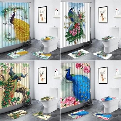 Peacocks Shower Curtain Chinese Style Birds Animals Butterfly Flowers Green Plant Home Decor Bathroom Non-slip Rug Bath Mats Set