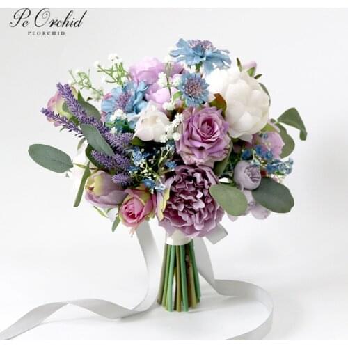 PEORCHID 2020 New Artificial Purple Wedding Boquets Roses Vintage Ramo De flores Eucalyptus Peonies Bride flower Bouquet