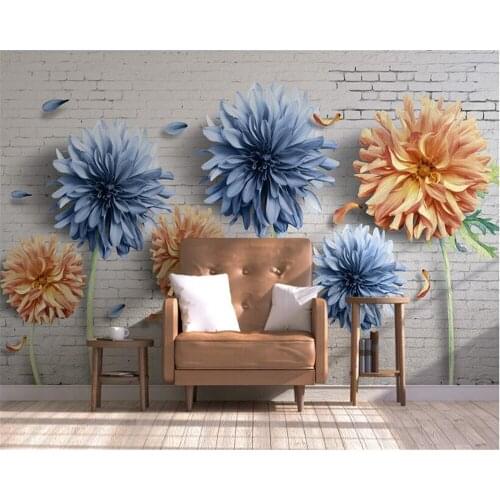 Beibehang Fashion wall paper simple 3D chrysanthemum white brick walls nostalgic flowers and flowers TV background 3d wallpaper