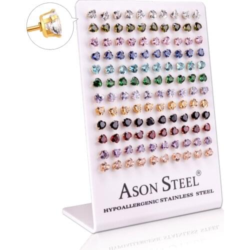 LUXUKISSKIDS Small Stud Earrings 60paris/lot Heart Zircon Kids Girl Men Stainless Steel Screw Plug Earing For Women Set Jewelry