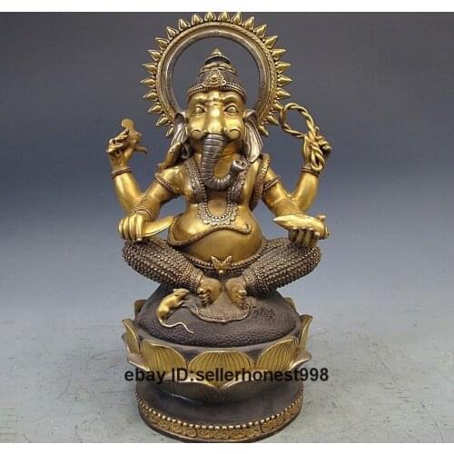 Tibet Pure Bronze 24K Gold Silver-Gilt Ganapati Elephant mammon Buddha Statue