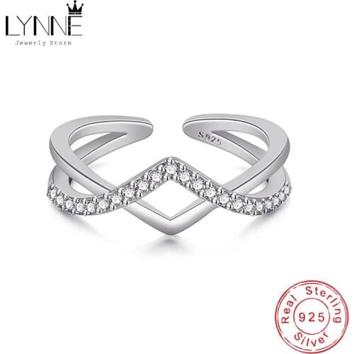 New Fashion Creative V Shape Cross Ring Delicate Rhinestone Double Layers 925 Sterling Silver Resizable CZ Rings Women Jewelry