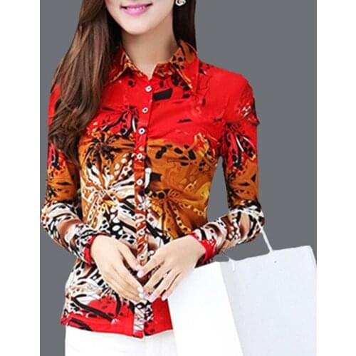Spring Fall Casual Women Printed Floral Pattern Full Sleeve Single Breasted Mesh Stretch Blouse , Slim Fitted Blouses For Women