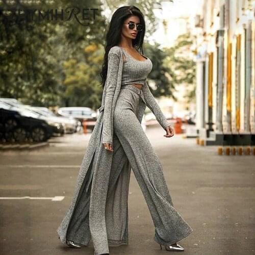 ZHYMIHRET 2020 Autumn Winter Ribbed 3 Pieces Set Women Crop Top High Waist Wide Leg Pants Set Long Sleeve Trench Coat