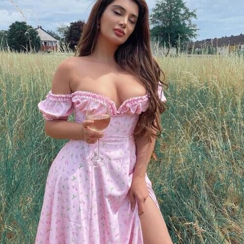 Women Dress Sexy Pink Flower Edge off Shoulder off back Split Dresses Cute Romantic Dress Fashion 2021 Summer Women Dresses