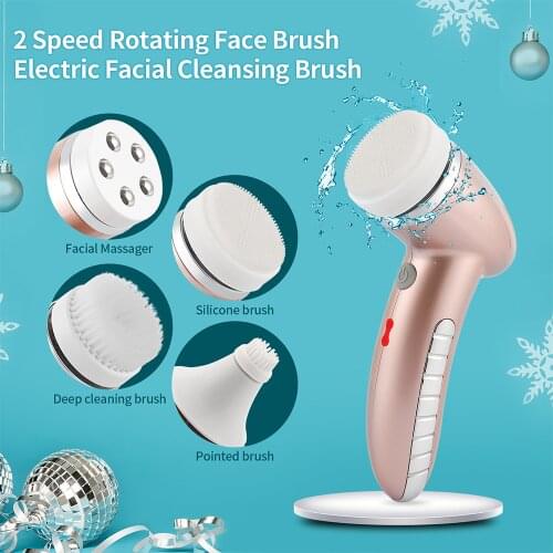 4In 1 Facial Cleansing Brush Sonic Vibration Face Cleaner Silicone Deep Pore Cleaning Electric Waterproof Massage with 4 Heads