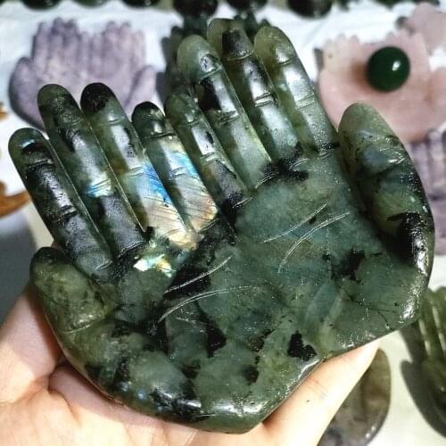 9-11cm Large Natural Lbradorite Crystal Hand Carved Hand Carving Reiki Healing Buddha Hand For Decorate