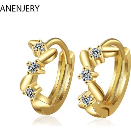 ANENJERY 925 Sterling Silver Fashion Simple Leaf Shape Gold Color Hoop Earrings Micro Zircon Earring Jewelry For Women S-E980