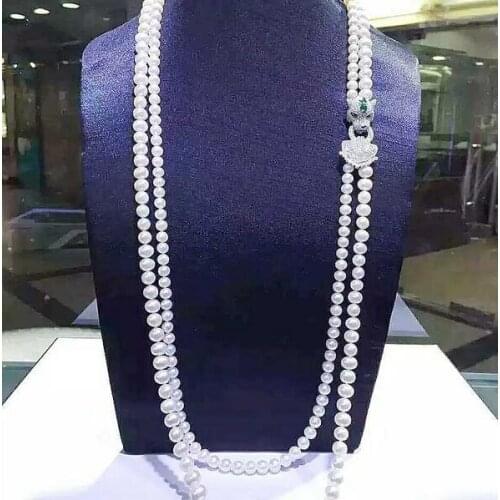 Free shipping Jewelry 2strands 8-9 mm natural south sea white pearl necklace 23-24inch 925 silver zircon Leopard clasp pendant