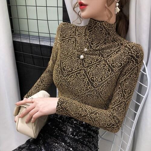 Blusas mujer de moda 2020 fall turtlenecks Blouses korean fashion long sleeve blouse women vintage slim bright beaded shirts 3XL