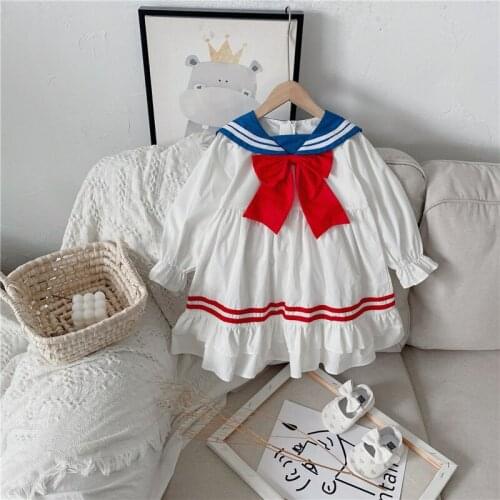 Kids Dresses For Girls Spring Autumn Baby Girl Navy Style Long Sleeve Dress Baby Navy Collar Bow-knot Cute Dress Toddler Clothes