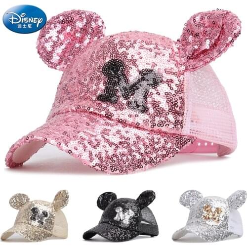 Disney Waflera Mickey House Kids Hats With Ears Sequins Baby Baseball Cap For Children Letter M Boys Girls Caps Toddler Hat