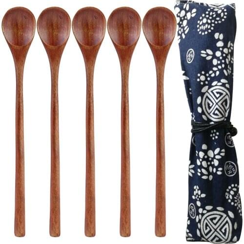 5 Pcs Long Spoons Wooden Korean Style 7.8 Inches Natural Wood Long Handle Round Spoons For Soup Kitchen Cooking Mixing Stirr #p1