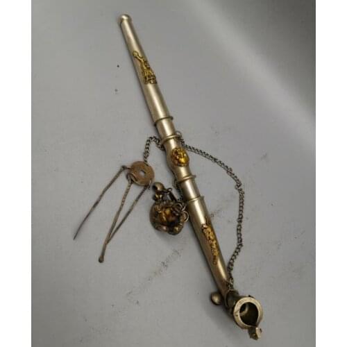 China archaize White copper tobacco pipe crafts statue