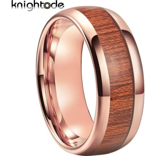 Mens Rose Gold Tungsten Carbide Ring Koa Wood Inlay Lady Engagement Ring 8mm Width Dome Band Polished Comfort Fit